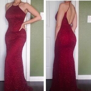 Trixxi Dress Womens Sz 5 Red Lace Halter Maxi Open Back Formal Mermaid Gown Y2K